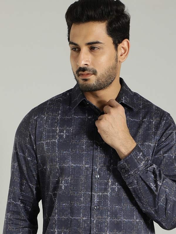 Indian Terrain Men's Slim Fit Full Sleeve All Over Print Dark Blue Shirt